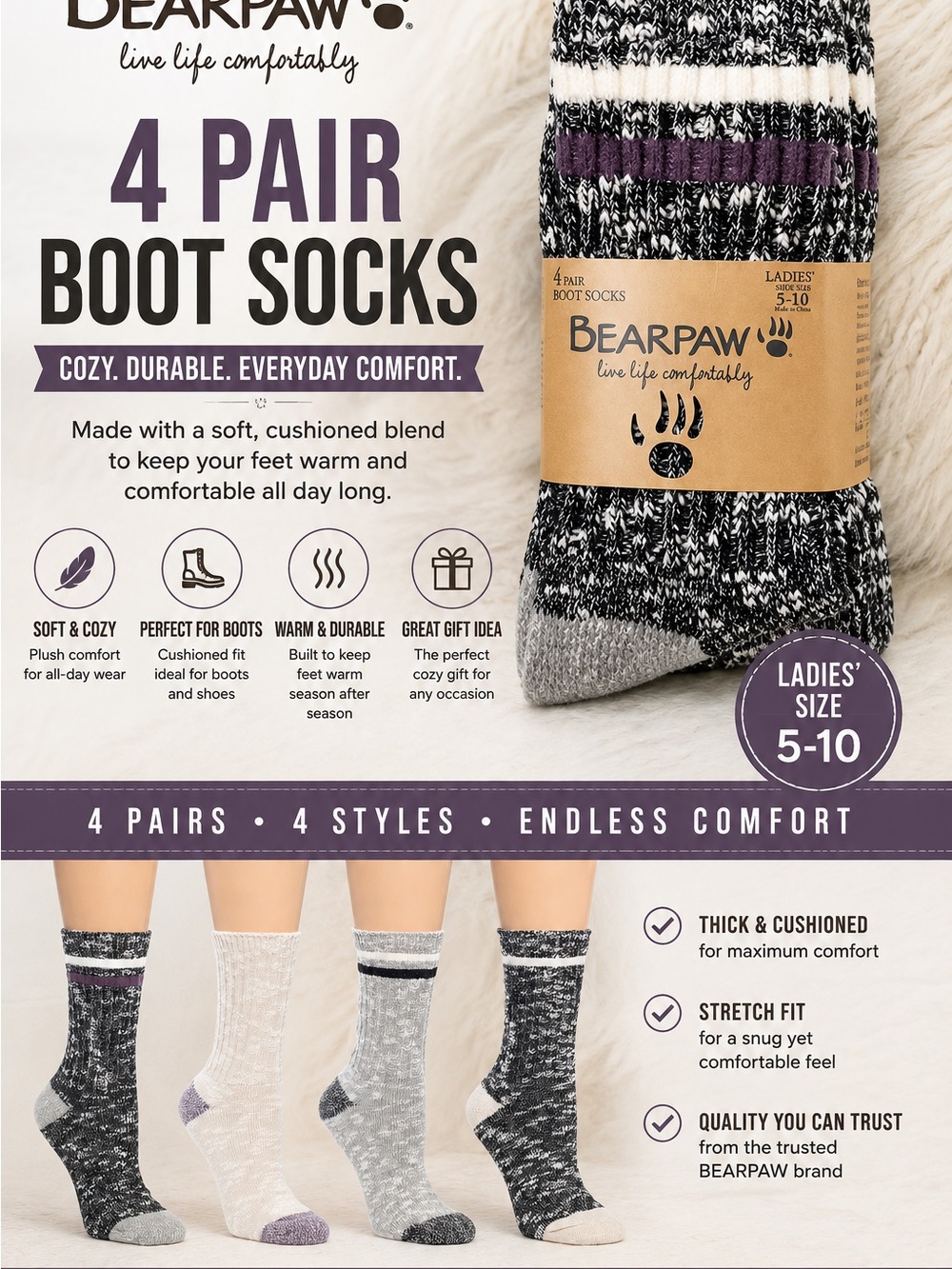 BearPaw Ladies' Boot Socks in Gray with Purple Accents - 4 Pair